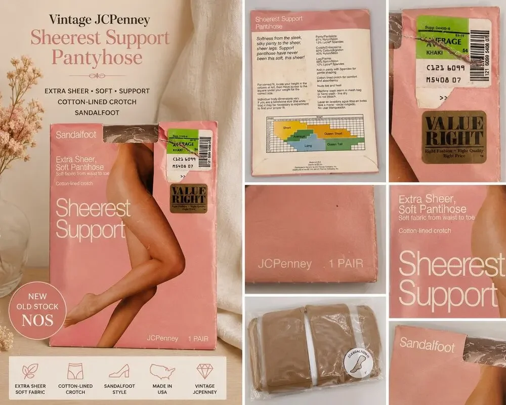 Vintage JCPenney Sheerest Support Pantyhose Khaki Average Sandalfoot NOS Sealed